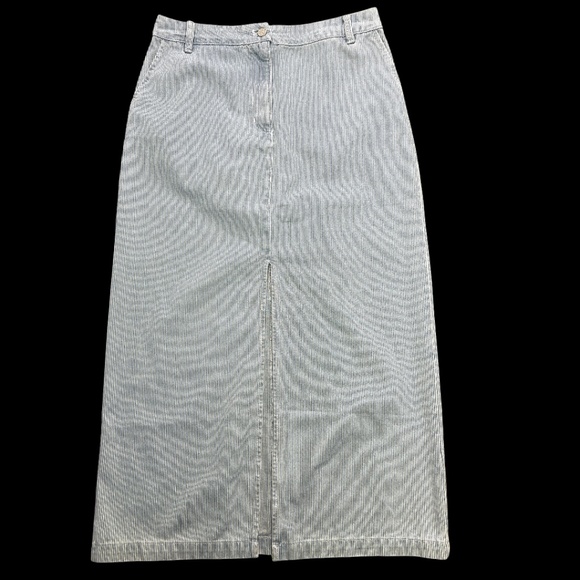 Anthropologie Self Contrast Skirt L Blue White Stripe Jean Midi Front Slit - Picture 1 of 8